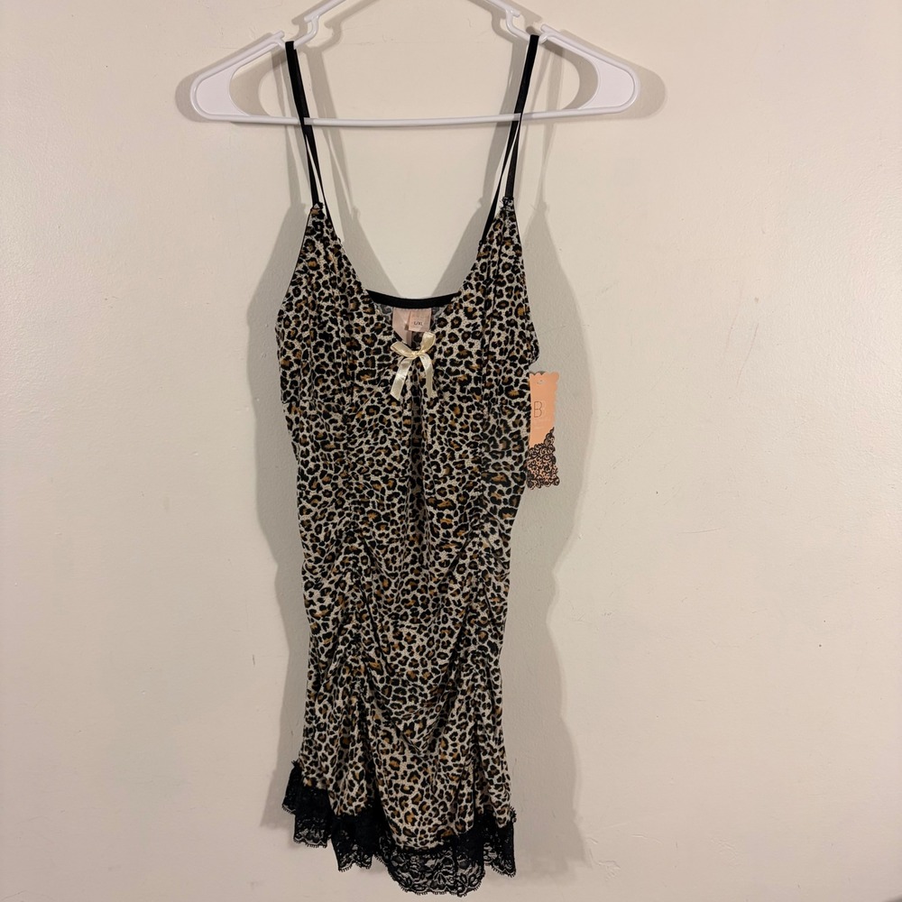 Body Beautiful Leopard Print Chemise Women L/XL Brown NEW Ruched Lace Lingerie